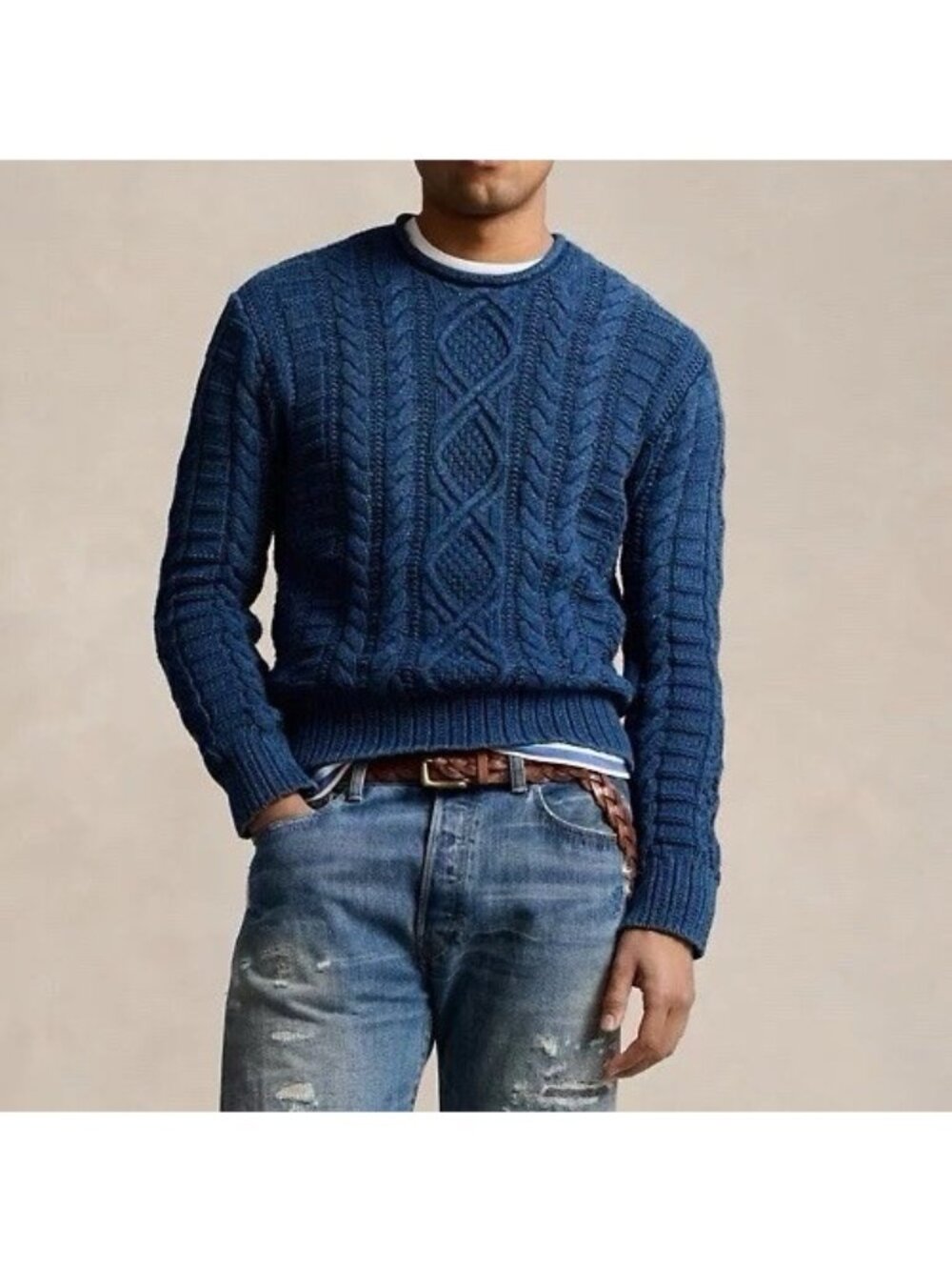 Polo Men’s Indigo Died Rolled Crewneck Fisherman Sweater S